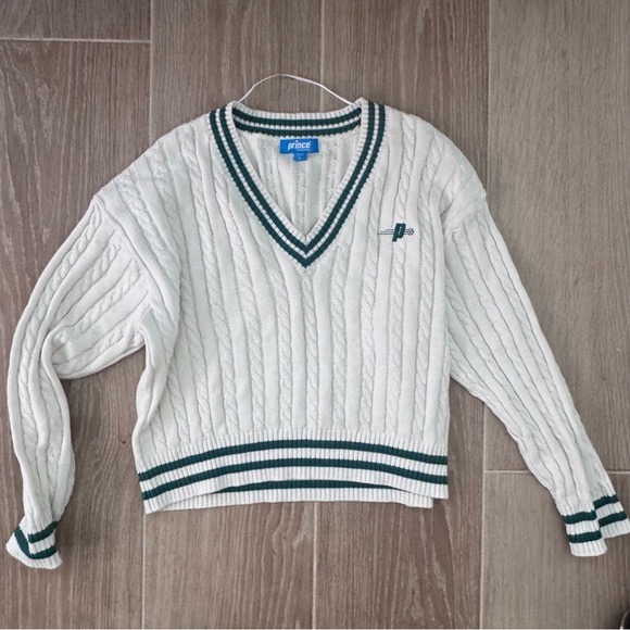 Prince Sweaters - Prince White Cable-Knit V-Neck Sweater with Dark Green Trim
